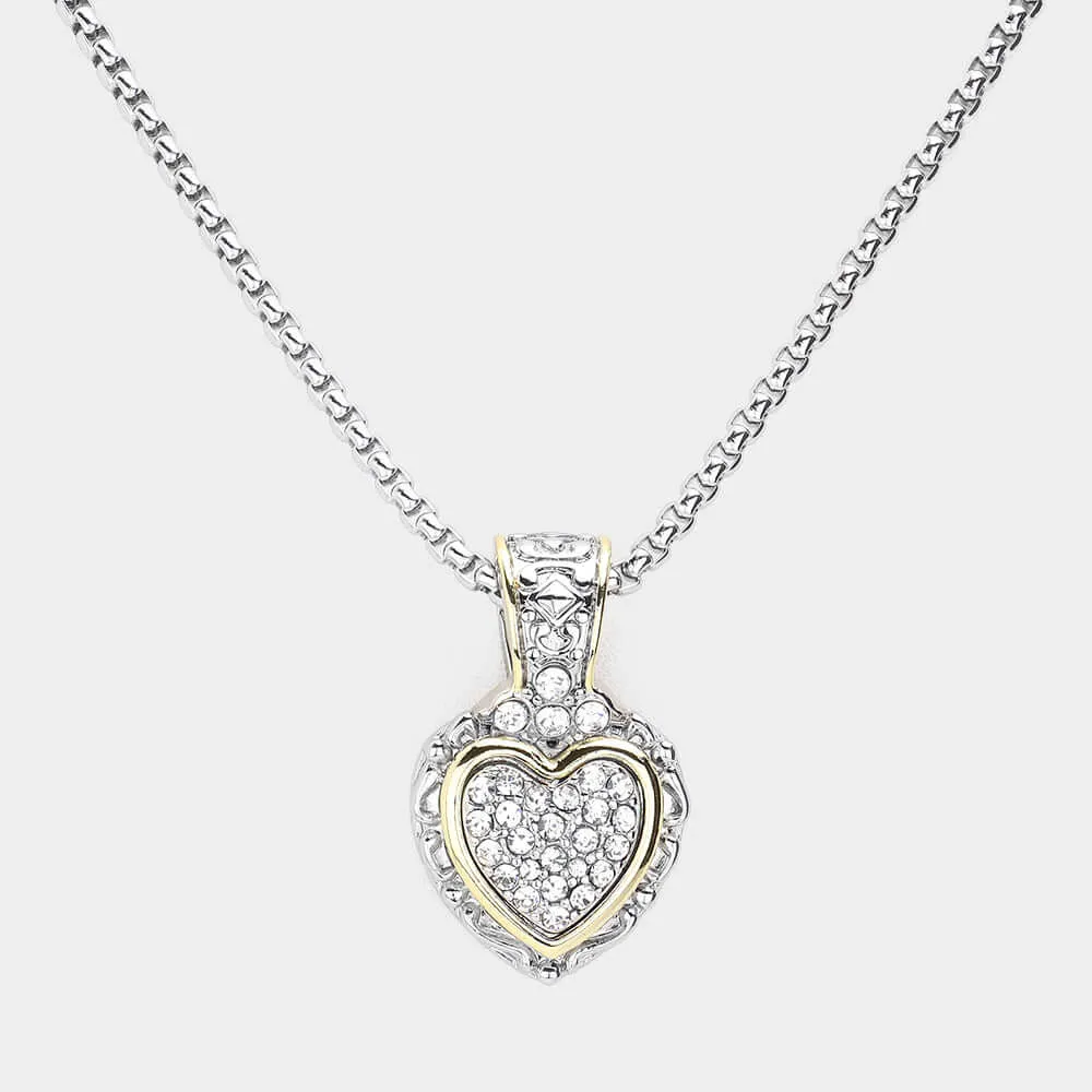 14K Gold Plated Two Tone Stone Paved Heart Pendant Necklace