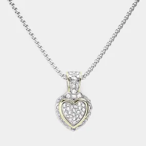 14K Gold Plated Two Tone Stone Paved Heart Pendant Necklace