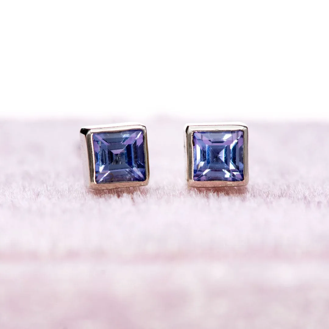 3mm Square Light blue Sapphire 14k White Gold Bezel Stud Earrings, Ready to Ship