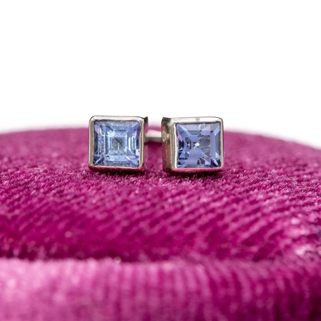 3mm Square Light blue Sapphire 14k White Gold Bezel Stud Earrings, Ready to Ship