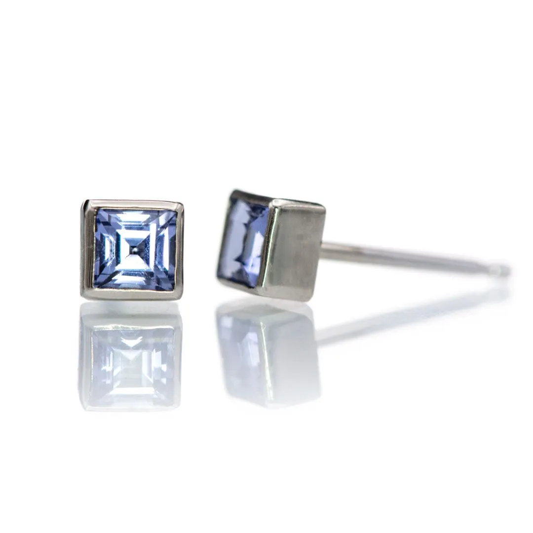 3mm Square Light blue Sapphire 14k White Gold Bezel Stud Earrings, Ready to Ship