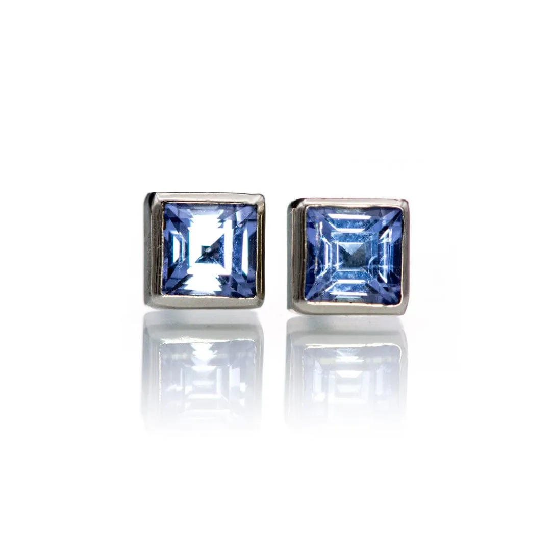 3mm Square Light blue Sapphire 14k White Gold Bezel Stud Earrings, Ready to Ship