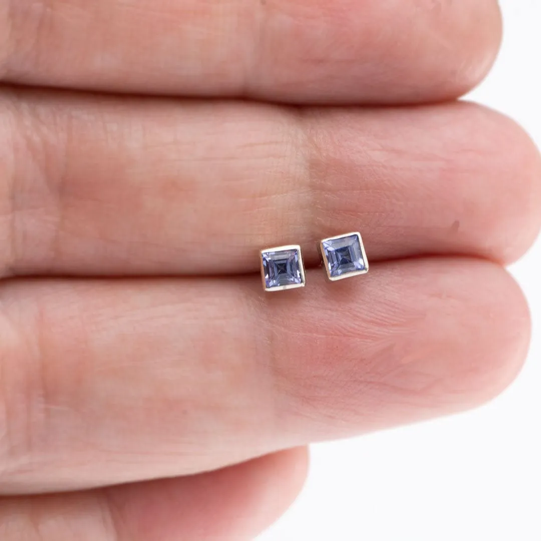 3mm Square Light blue Sapphire 14k White Gold Bezel Stud Earrings, Ready to Ship