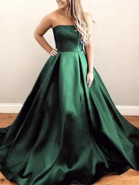 A Line Strapless Green Satin Long Prom Dresses, Simple Green Formal Evening Party Dresses