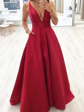 A Line V Neck Burgundy Long Prom, V Neck Burgundy Formal, Burgundy Evening