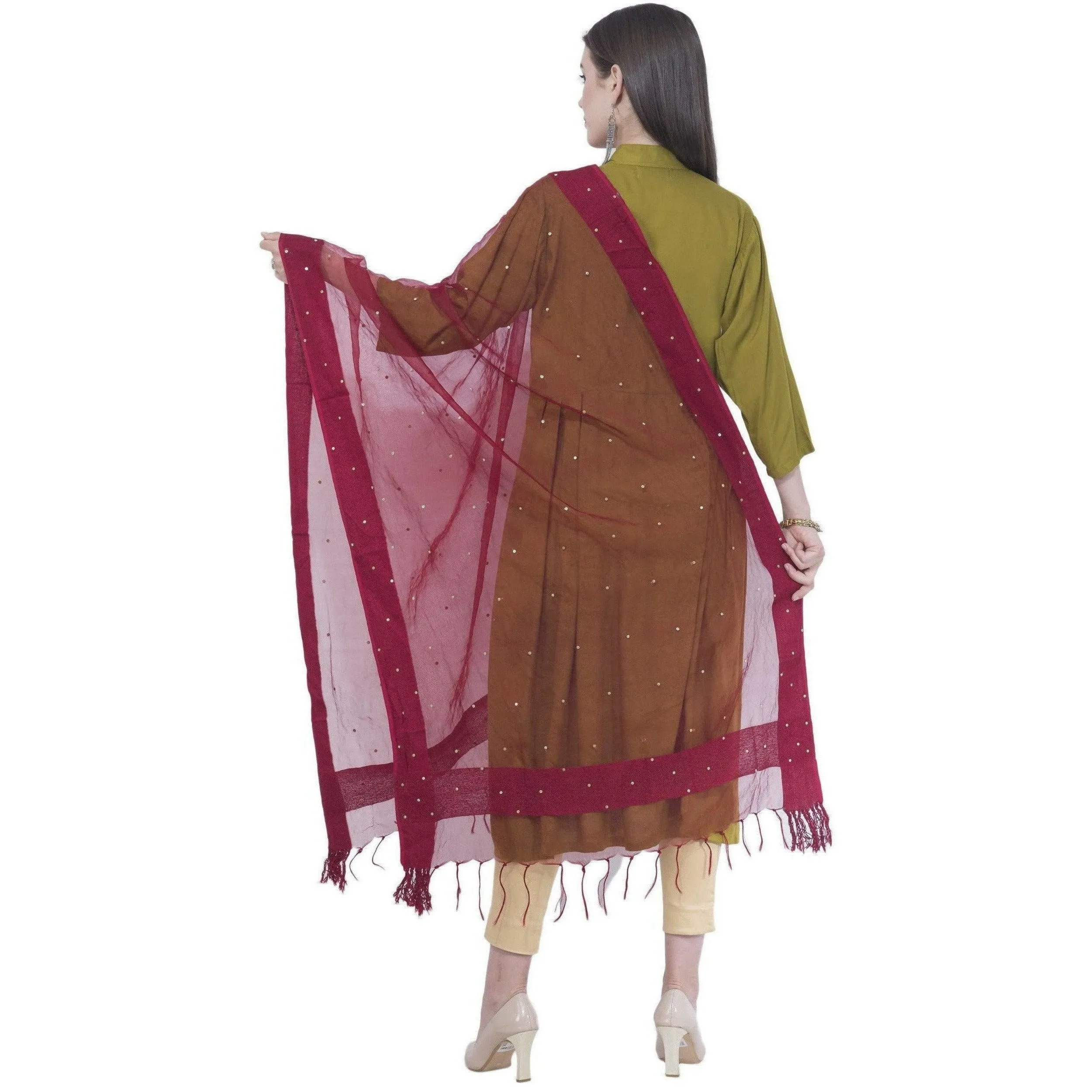 A R Silk Women's Stone Work Orgenza Cotton Mehroon Dupattas and Chunnis