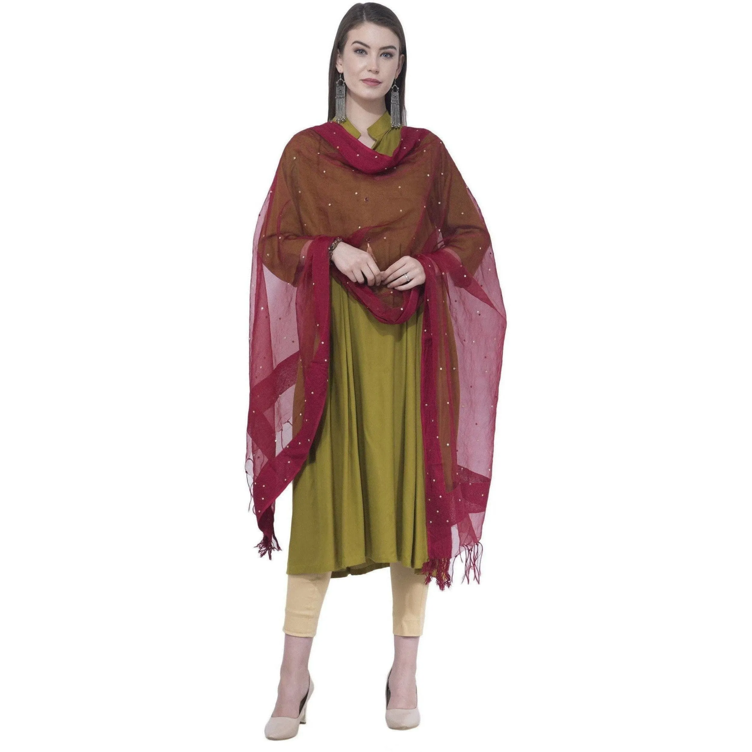 A R Silk Women's Stone Work Orgenza Cotton Mehroon Dupattas and Chunnis