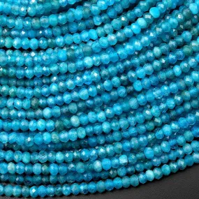 AAA Faceted Natural Blue Apatite 3mm Rondelle Beads Micro Diamond Cut Gemstone 15.5" Strand