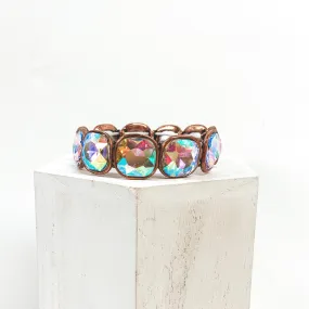 AB Cushion Cut Crystal Stretchy Bracelet in Copper Tone