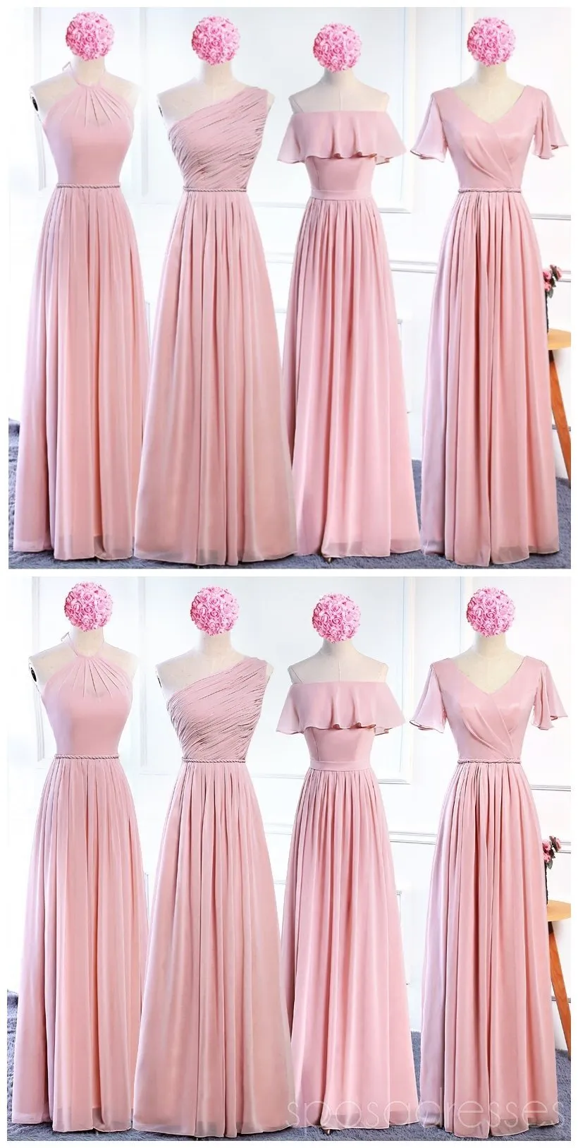 Affordable Blush Pink Floor Length Mismatched Chiffon Bridesmaid Dresses, WG536