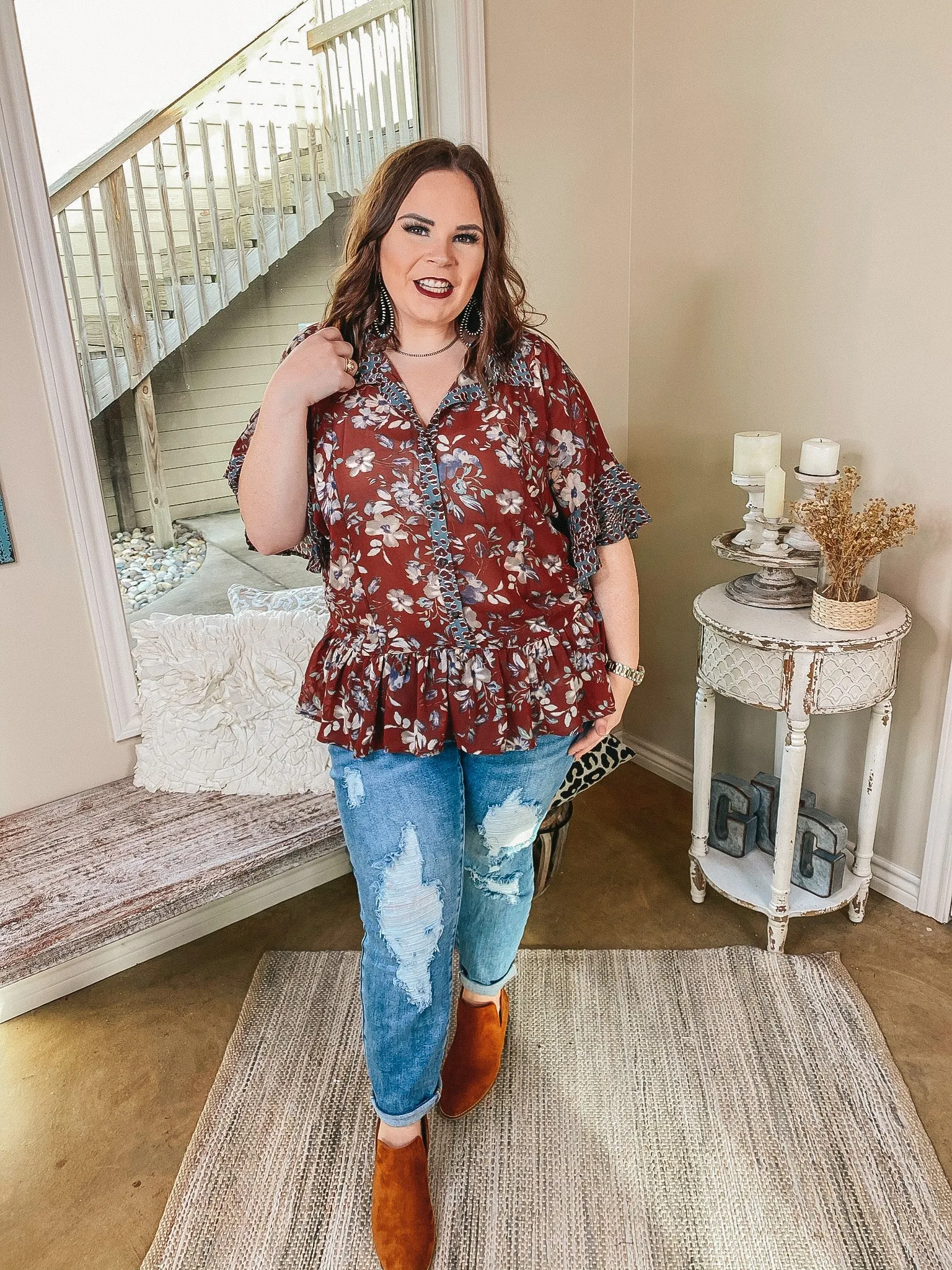 All I Ever Wanted Mixed Print Button Up Peplum Top with Ruffle Sleeves in Brick Red