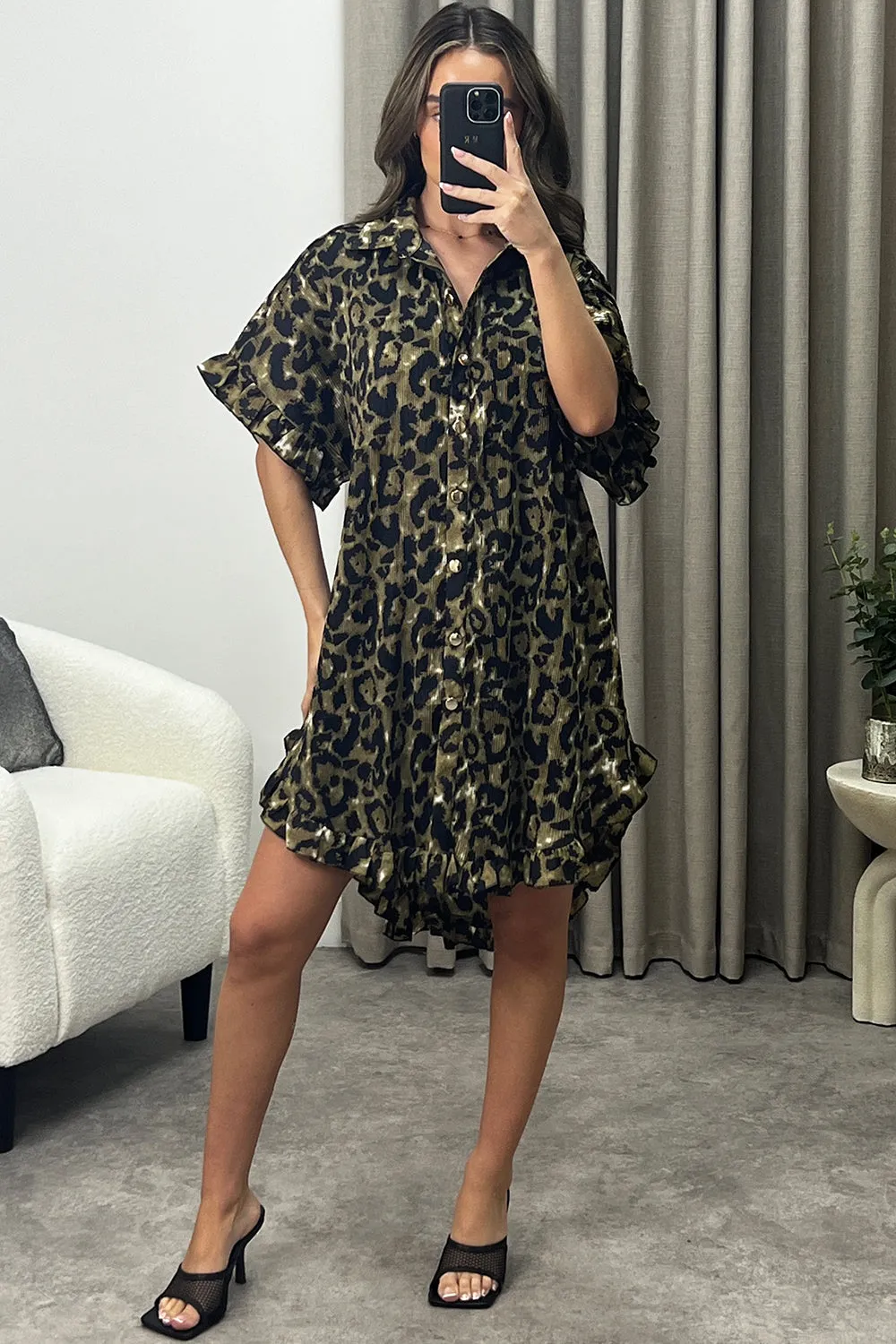 Alyssa Brown Leopard Print Plisse Pleated Frill Hem Shirt Dress