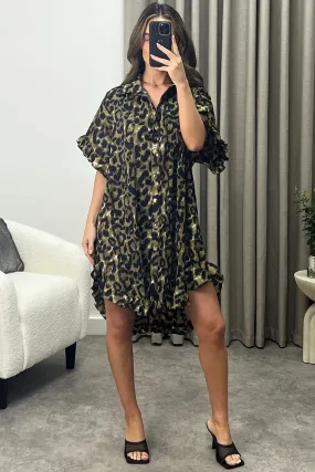 Alyssa Brown Leopard Print Plisse Pleated Frill Hem Shirt Dress