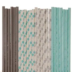 Aqua Blue and Grey Paper Straw Mix - Polka Dot, Solid, Robins Egg Blue (25)