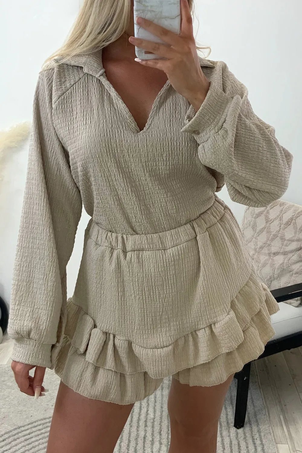 Asha Beige Textured Oversized Top and Frill Shorts Co-Ord Set