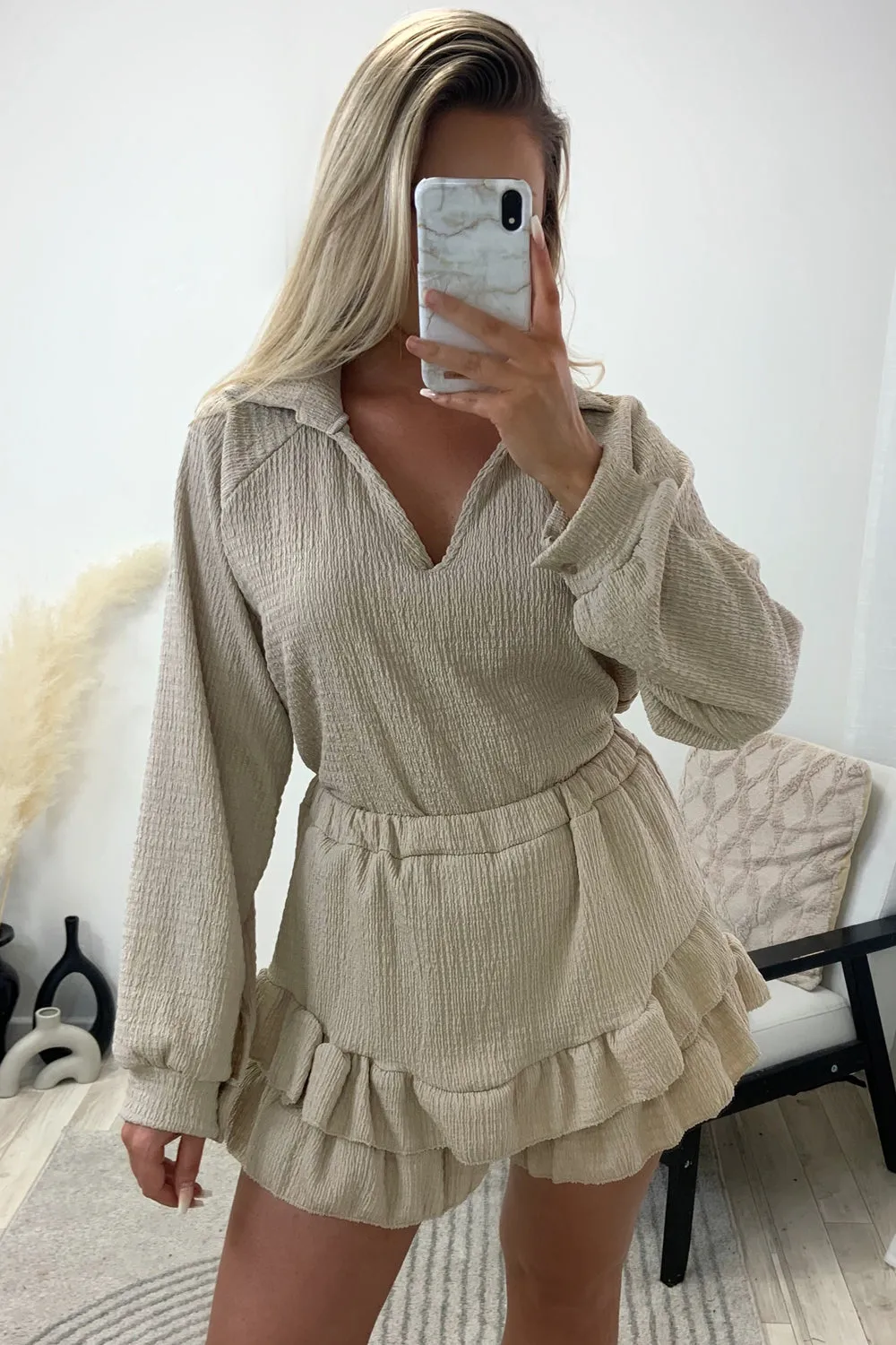 Asha Beige Textured Oversized Top and Frill Shorts Co-Ord Set