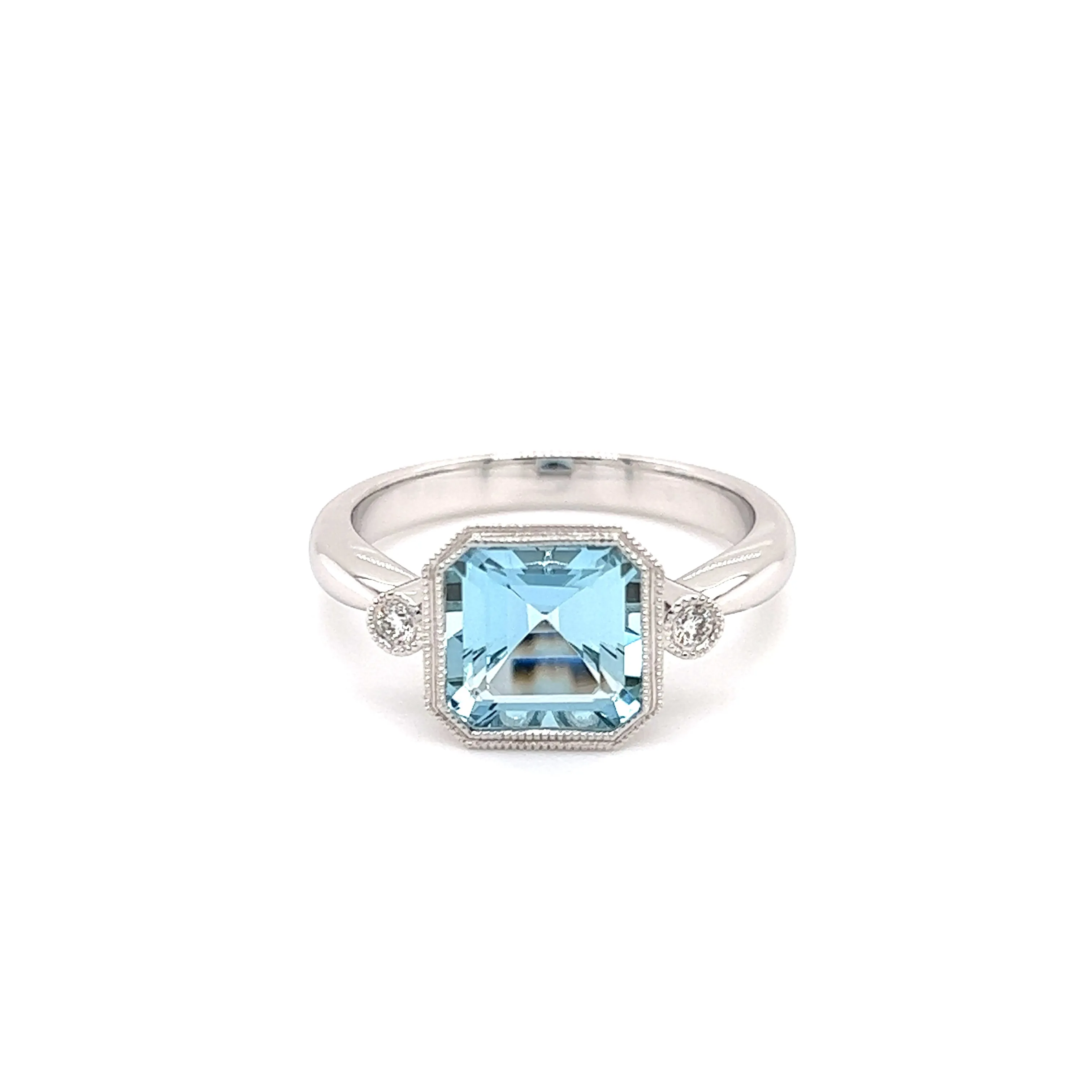 Asscher Aquamarine Ring with Two Side Diamonds in 14K White Gold