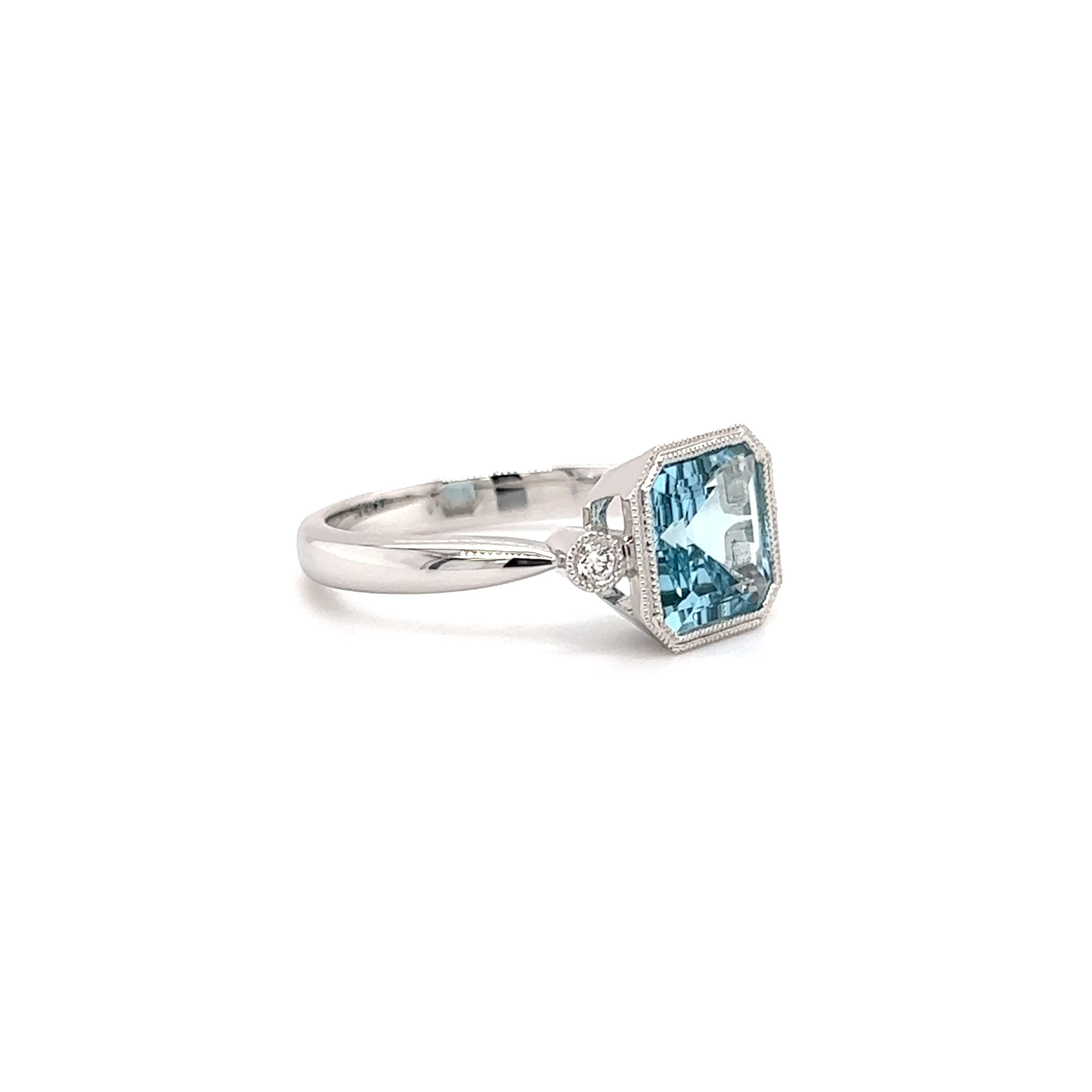 Asscher Aquamarine Ring with Two Side Diamonds in 14K White Gold