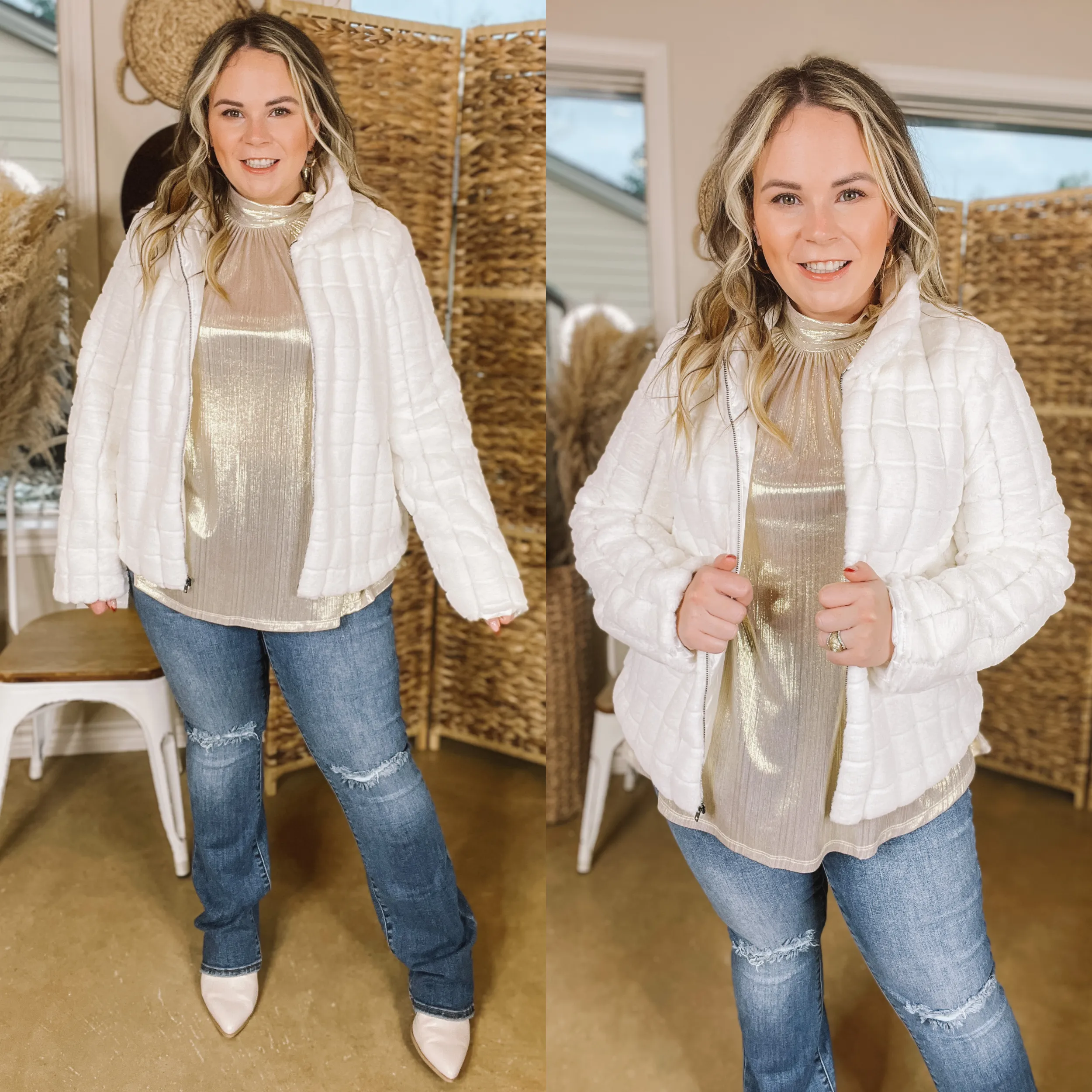 At The Top Quilted Faux Fur Jacket in Ivory