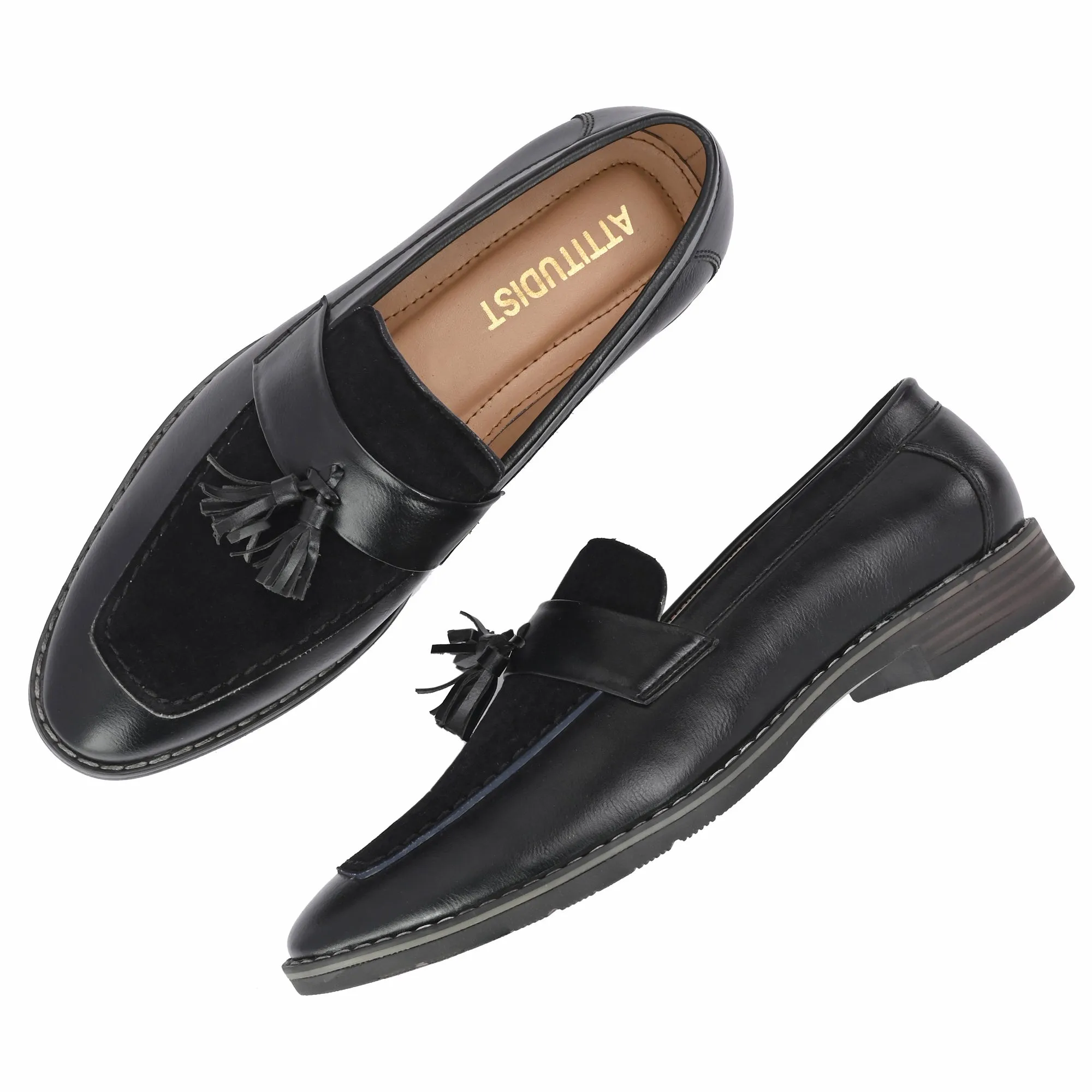 Attitudist Unisex Handcrafted Black Plain Tassel Loafer With Double Stitched Vamp