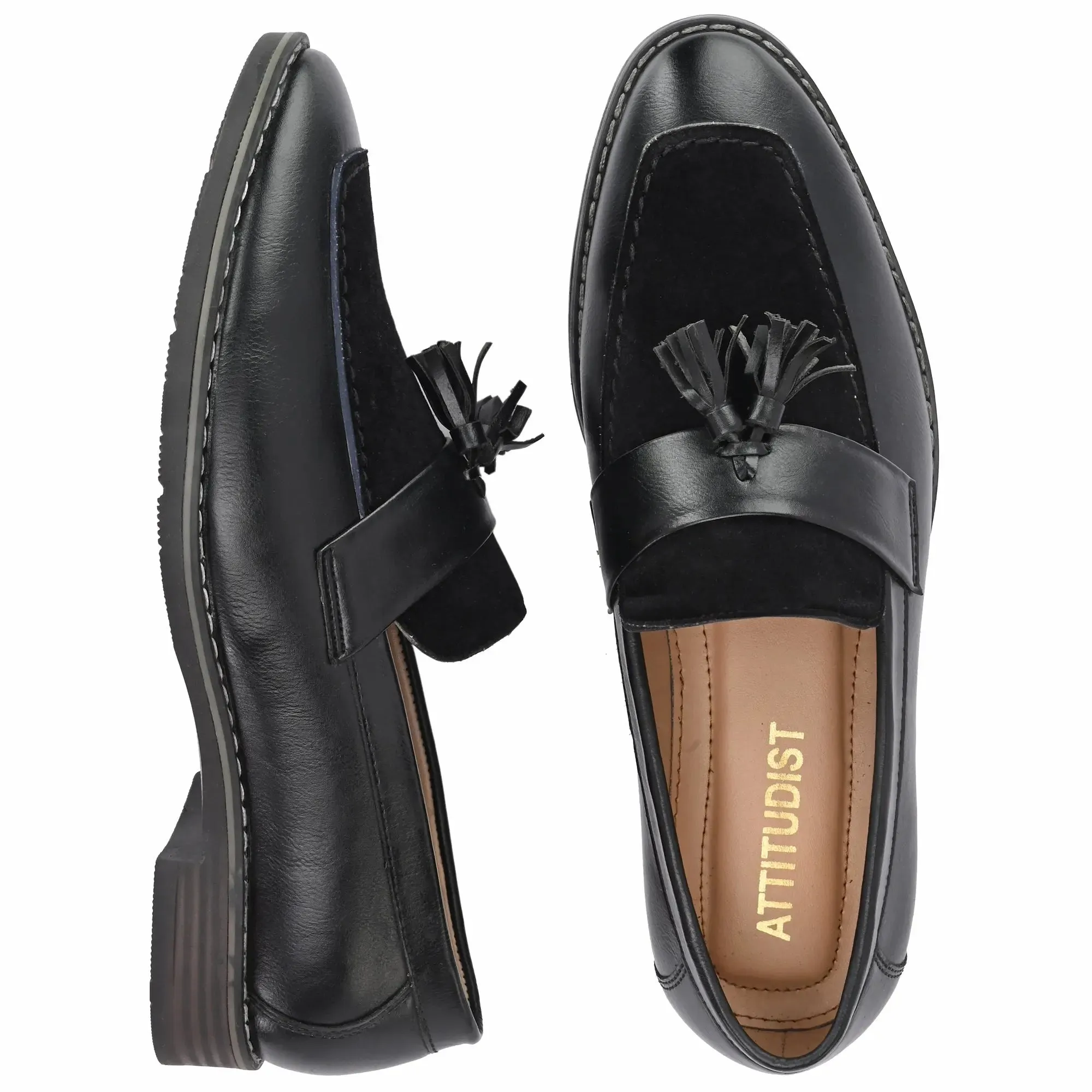 Attitudist Unisex Handcrafted Black Plain Tassel Loafer With Double Stitched Vamp