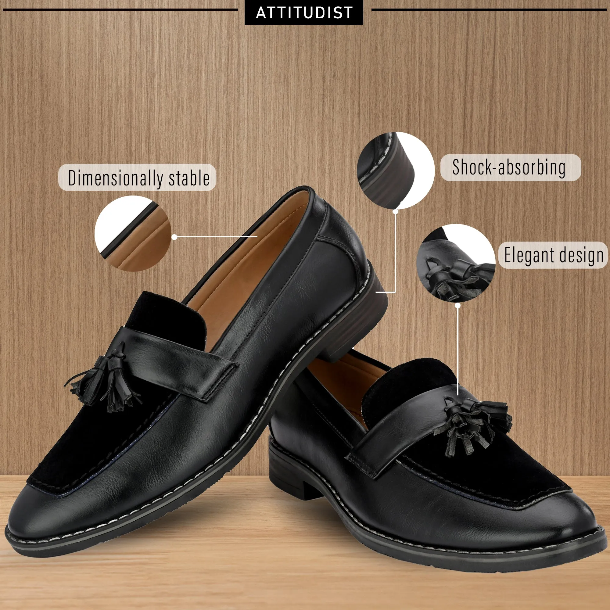 Attitudist Unisex Handcrafted Black Plain Tassel Loafer With Double Stitched Vamp