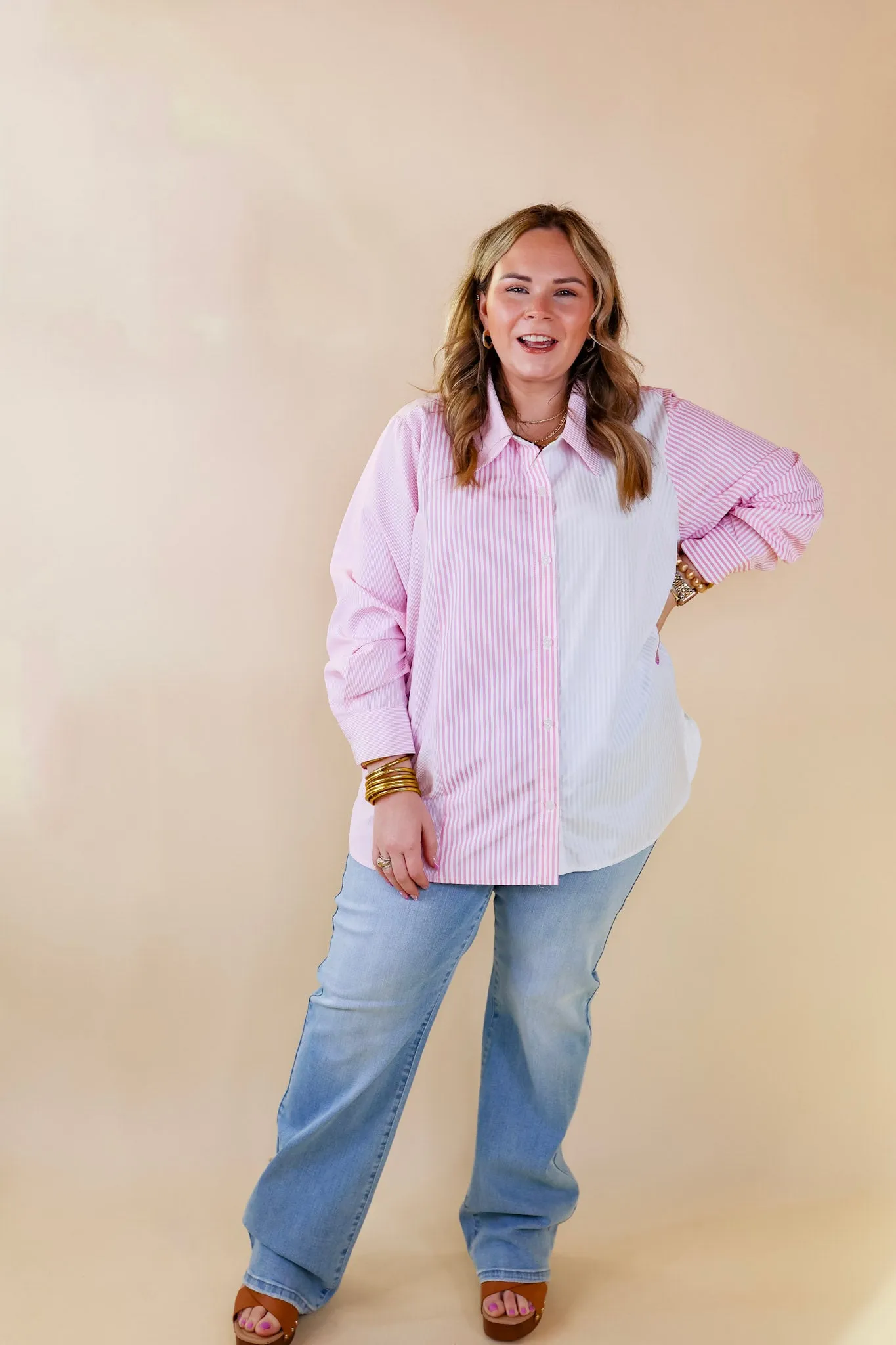 Back To You Pin Stripe Color Block Button Up Top in Pink and White