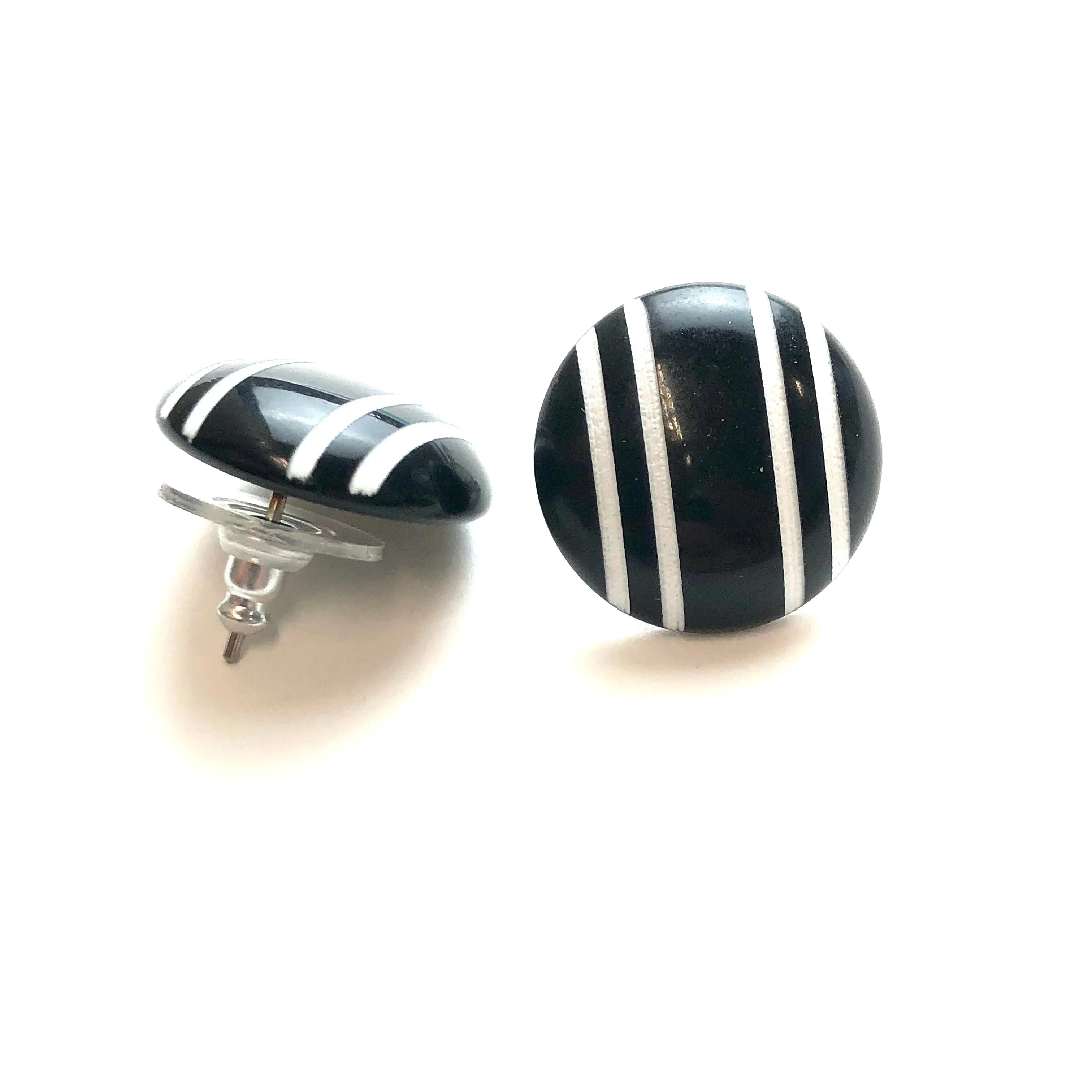 Black & White Pinstripe Retro Button Stud Earrings