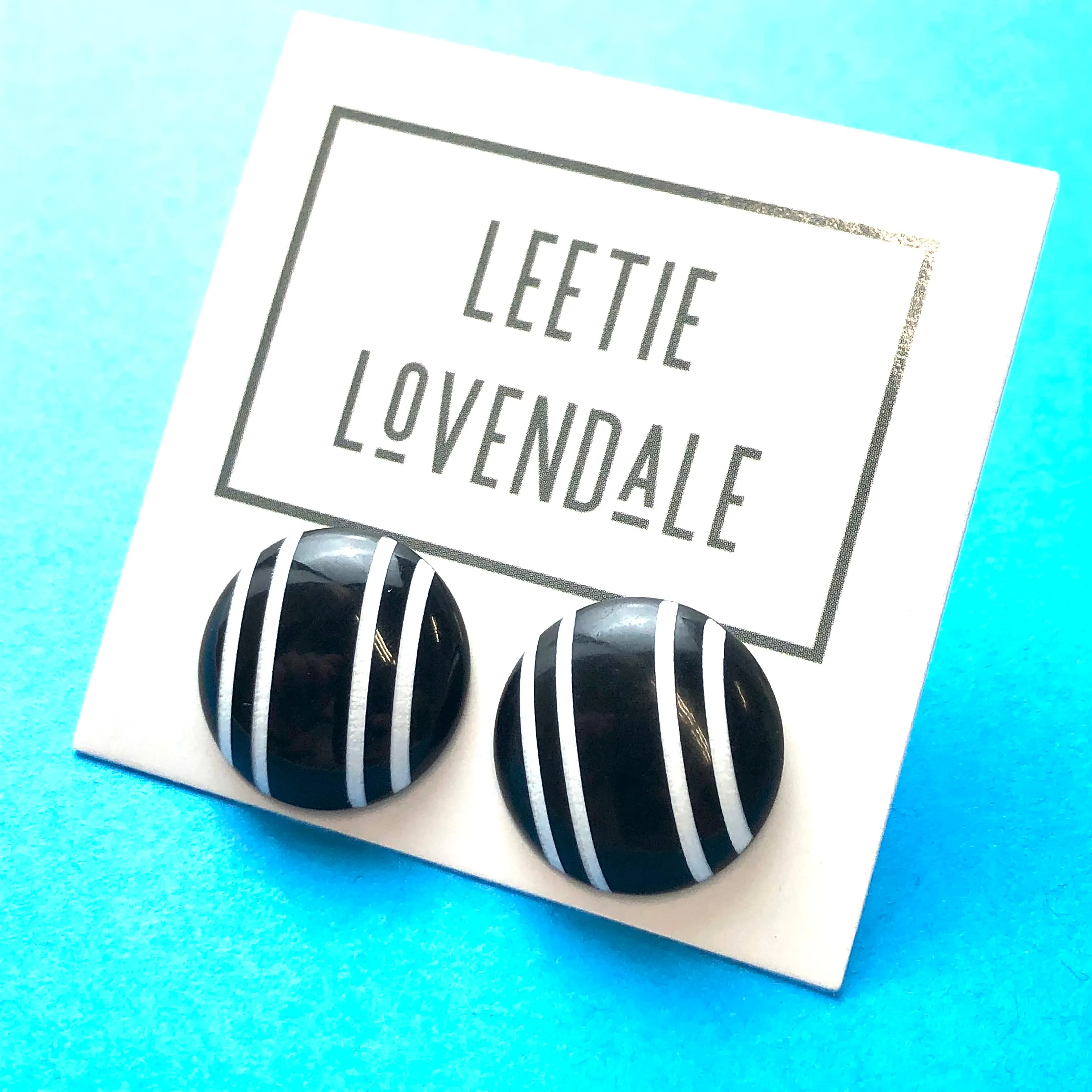 Black & White Pinstripe Retro Button Stud Earrings