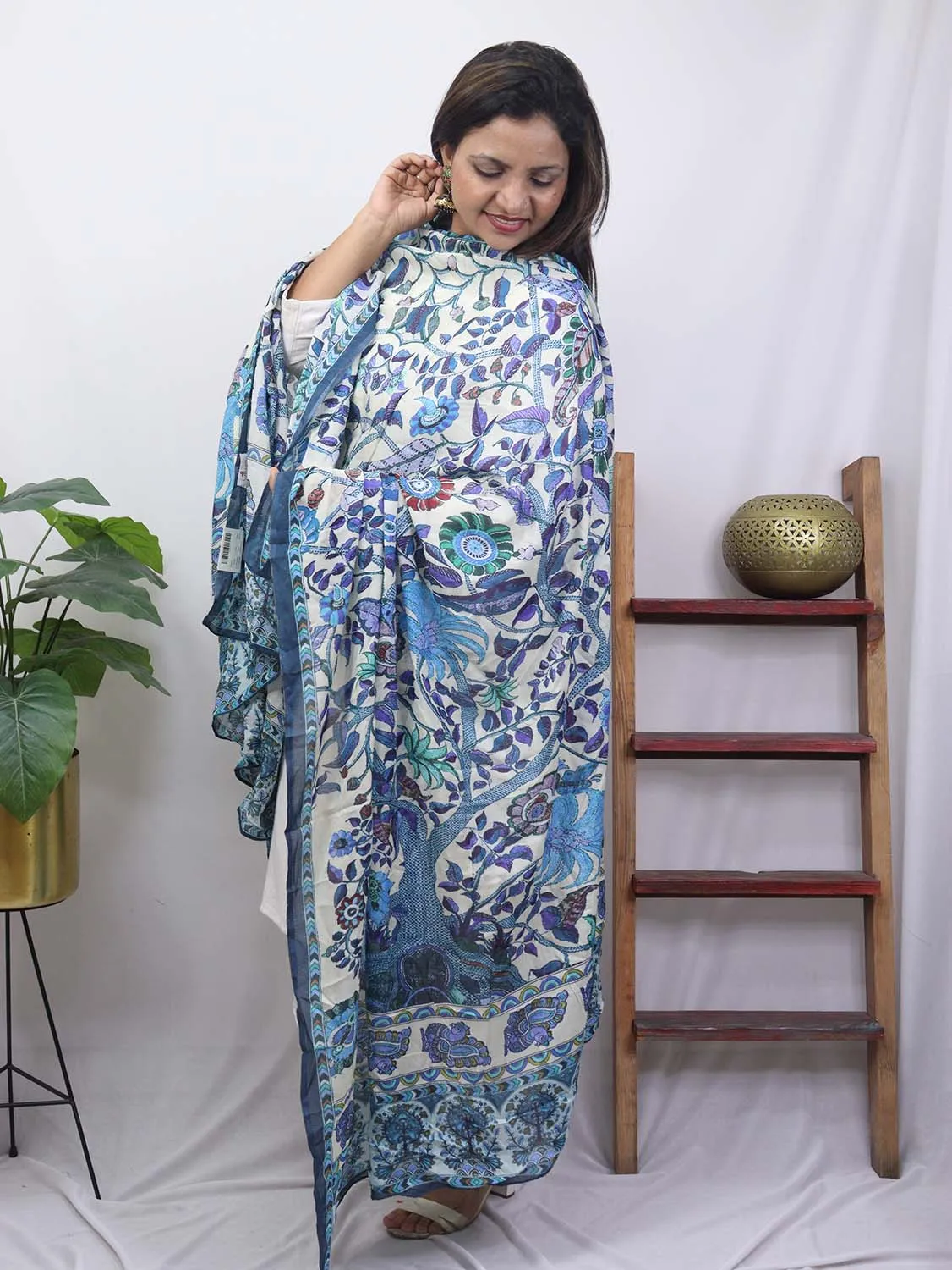 Blue And White Block Printed Mul Satin Silk Dupatta