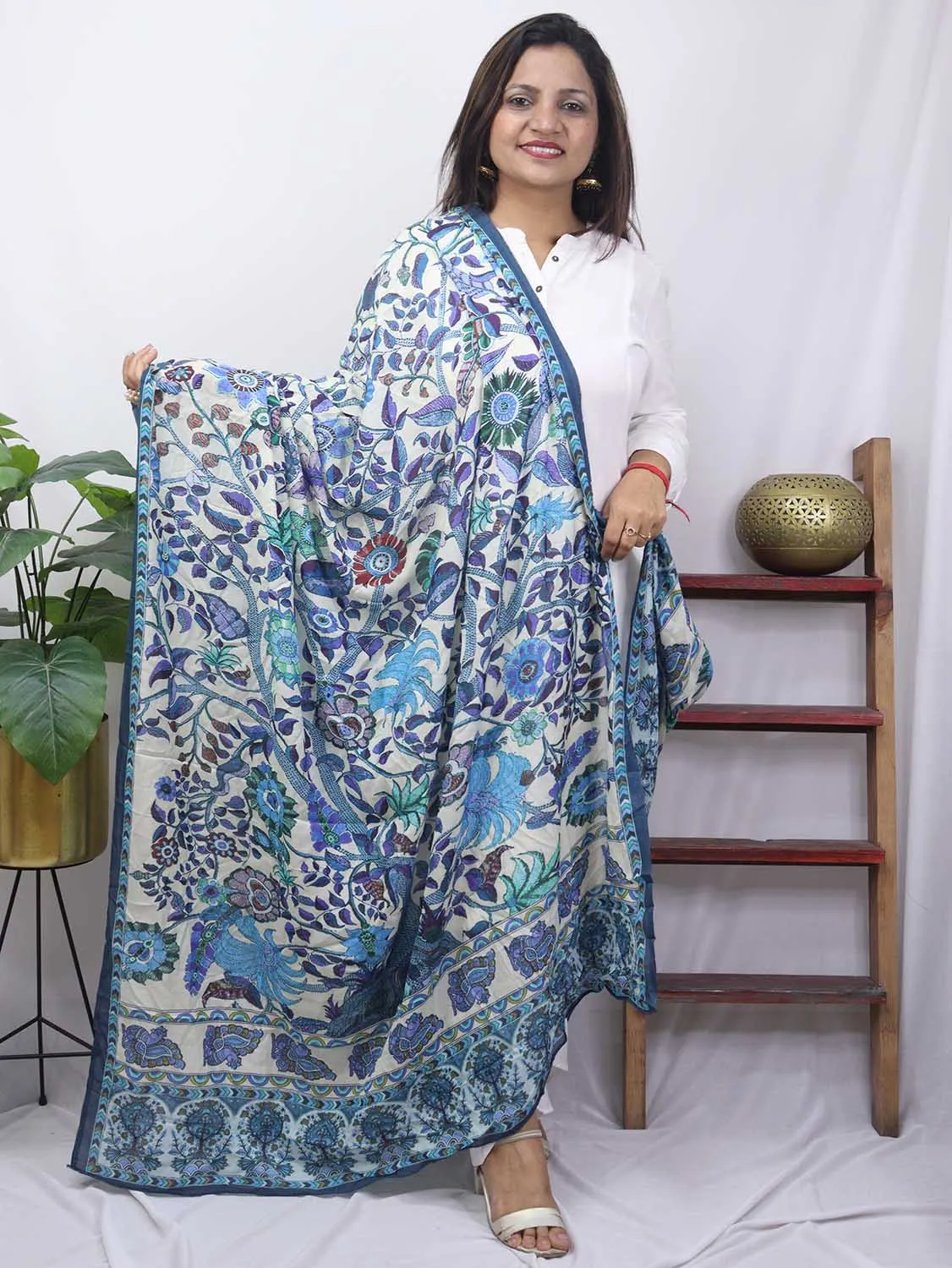 Blue And White Block Printed Mul Satin Silk Dupatta