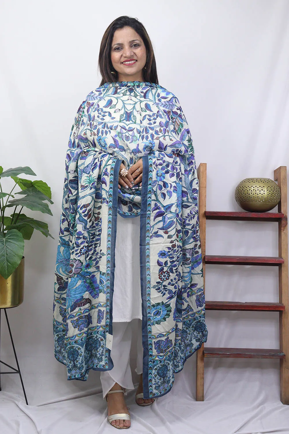 Blue And White Block Printed Mul Satin Silk Dupatta