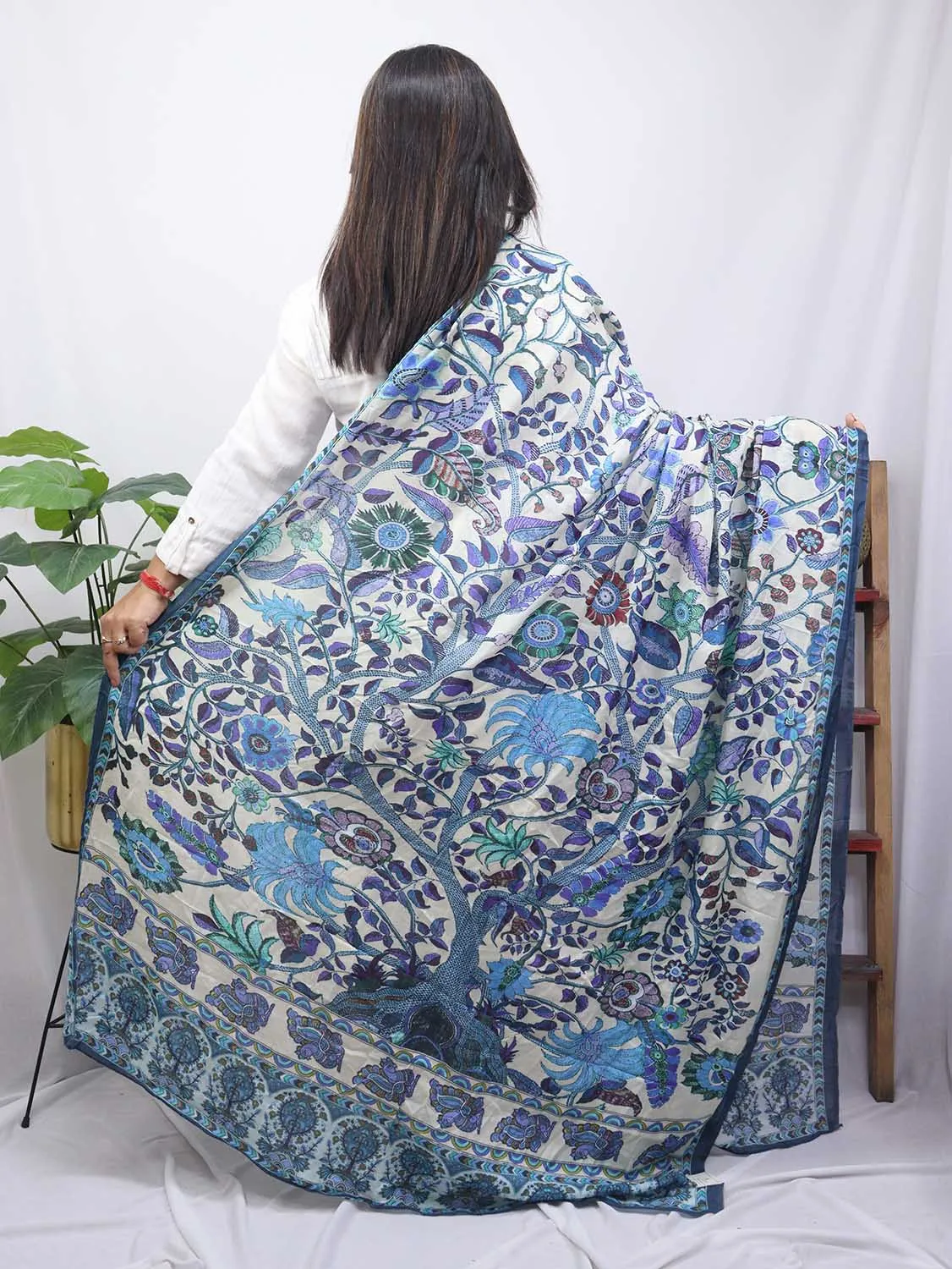 Blue And White Block Printed Mul Satin Silk Dupatta