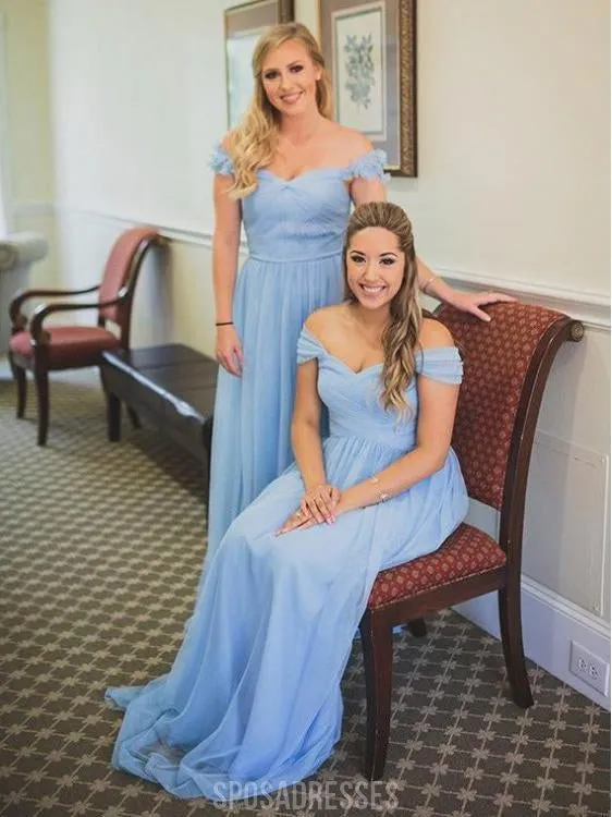 Blue Mismatched Off Shoulder Chiffon Cheap Long Bridesmaid Dresses, WG284