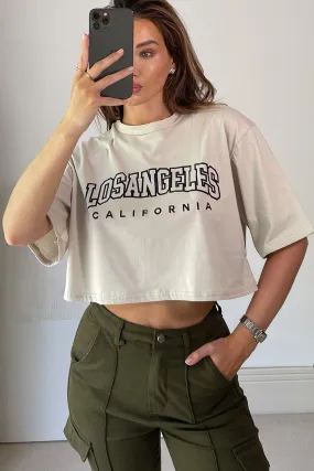 Bobbie Beige Los Angeles Slogan Oversized Crop Top