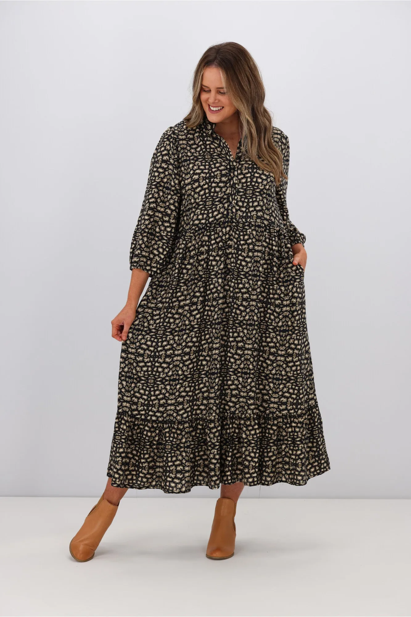 Boho Australia Kane Midi Dress Army Leopard