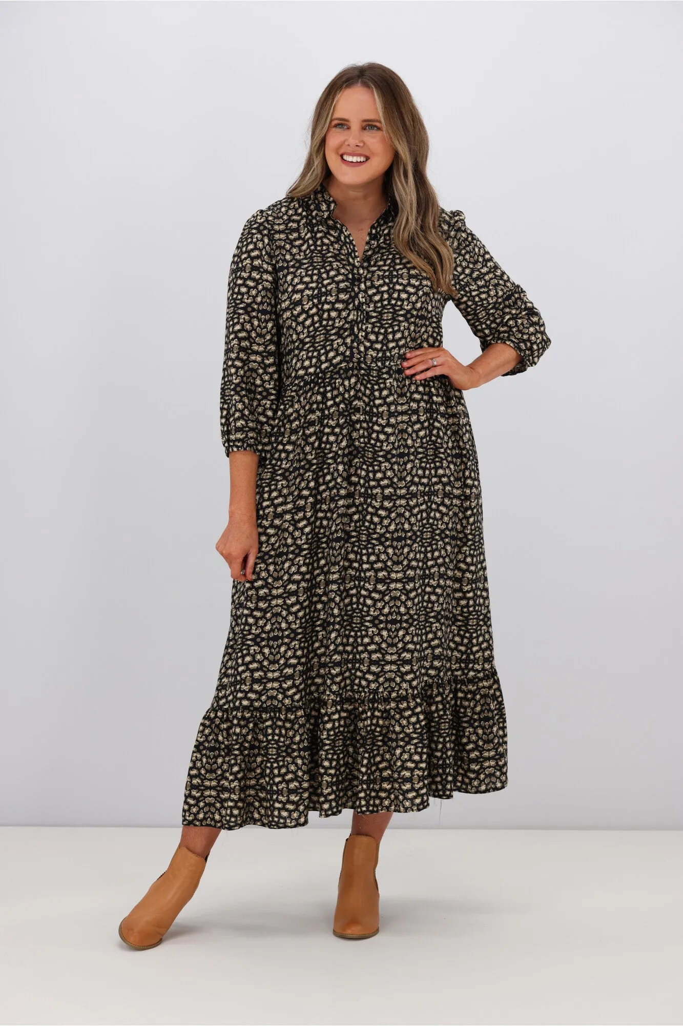 Boho Australia Kane Midi Dress Army Leopard