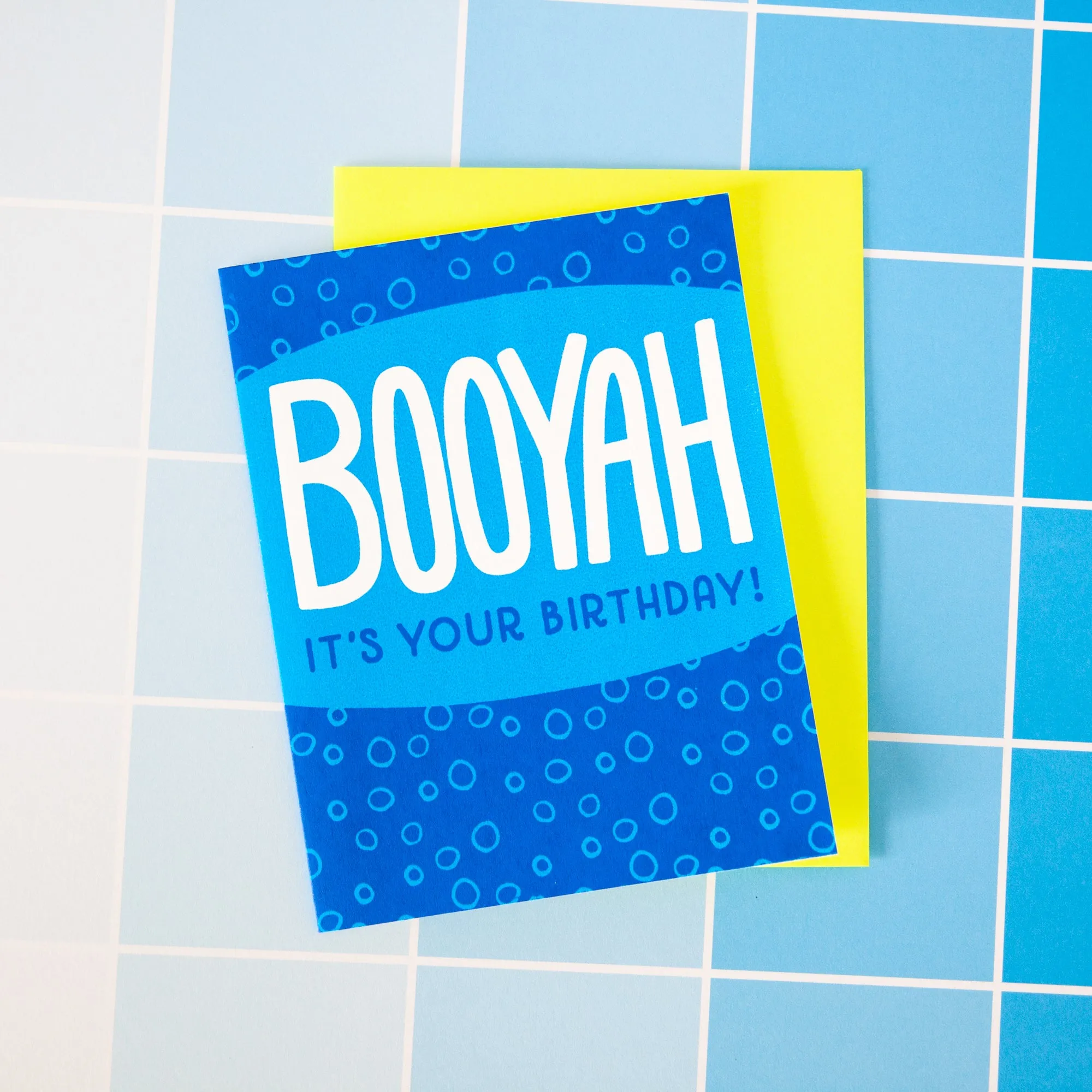 BOOYAH irreverent birthday card, blue happy birthday card