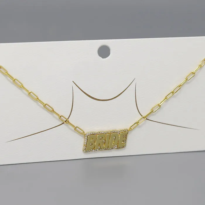 BRIDE Script CZ Pave Gold Dipped Short Necklace