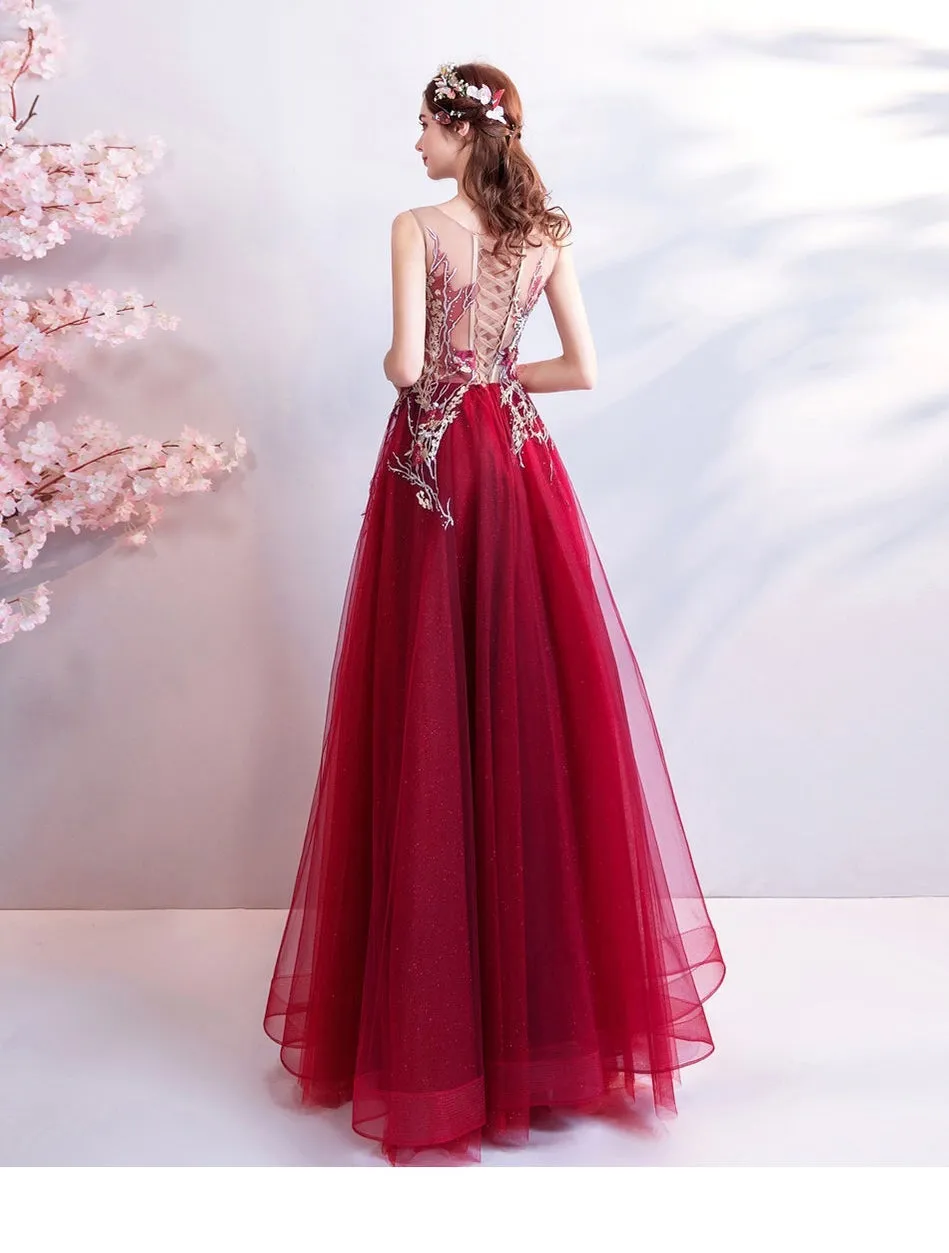 Burgundy A-line Jewel Sleeveless Long Prom Dresses Online, Evening Dresses,12648