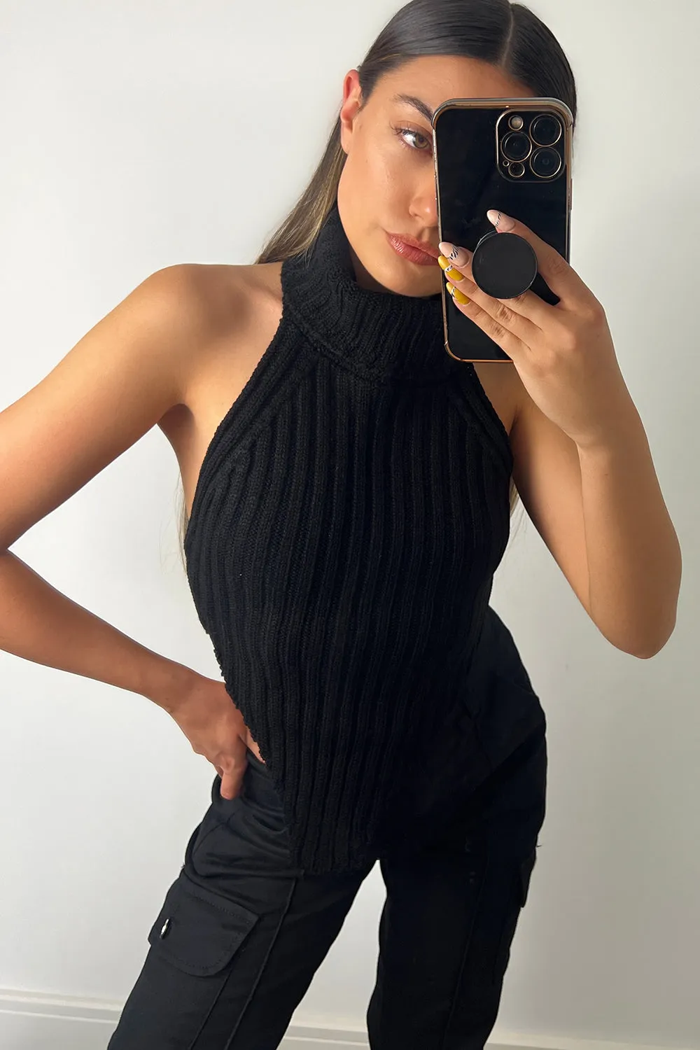 Caitlin Black Roll Neck Distressed Hem Knit Crop Top