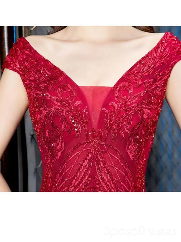 Cap Sleeves Red Lace Beaded Mermaid Cheap Long Evening Prom Dresses, Evening Party Prom Dresses, 18644