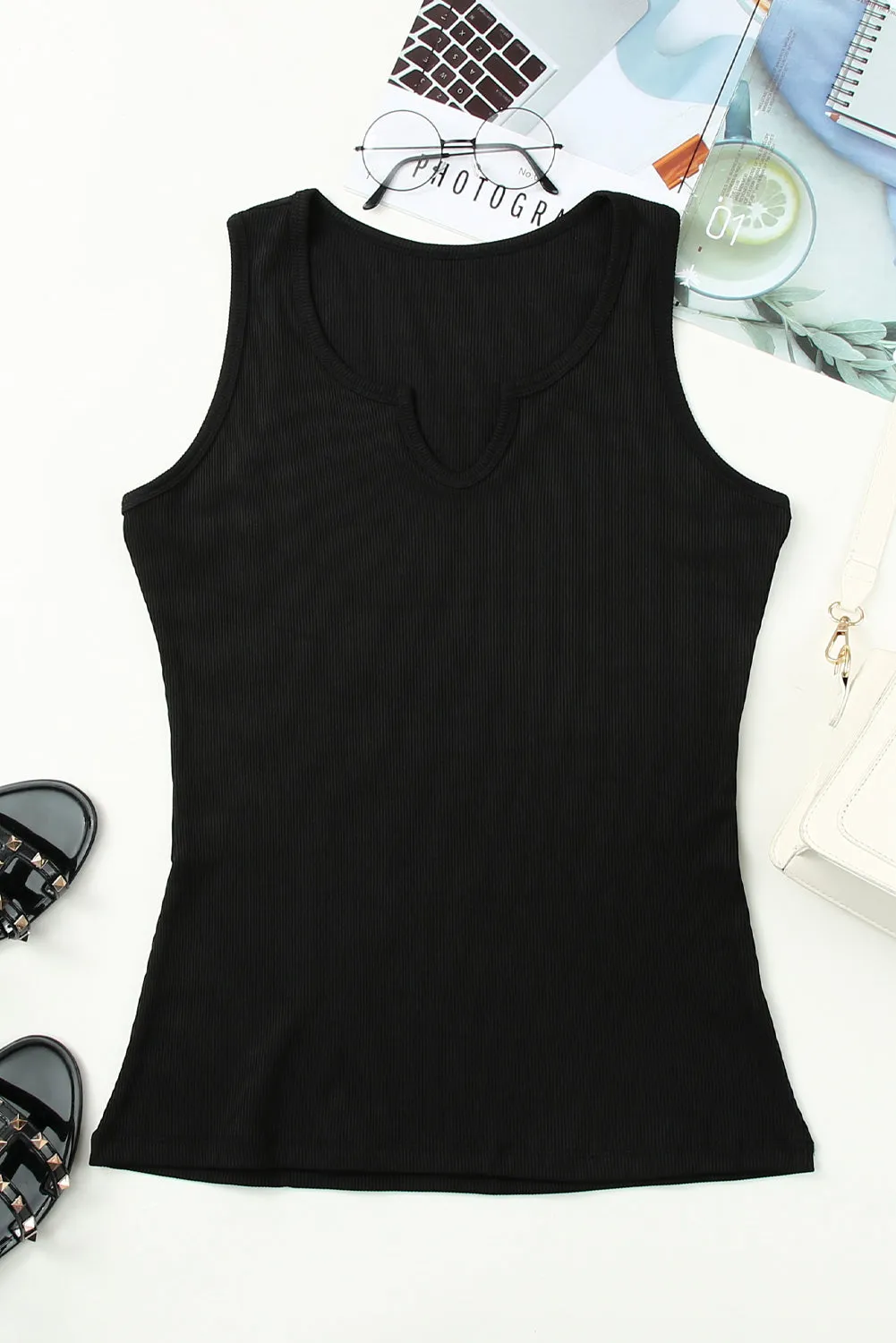 Casual Black Ribbed Knit Tank Top