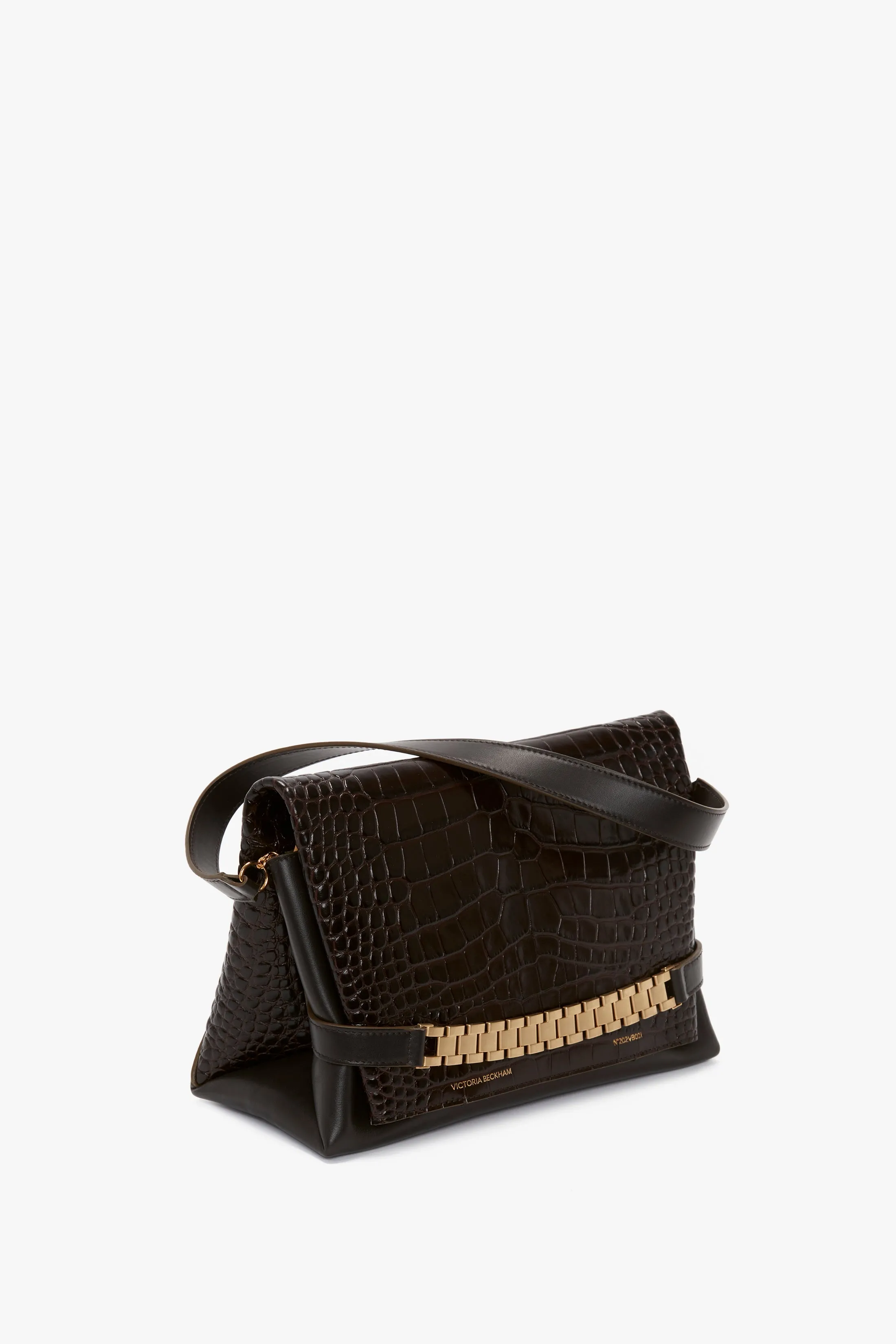 Chain Pouch With Strap In Chocolate Croc-Effect Leather