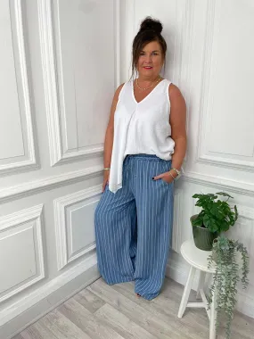 Chambray Pinstripe Palazzo Trousers - Light Denim