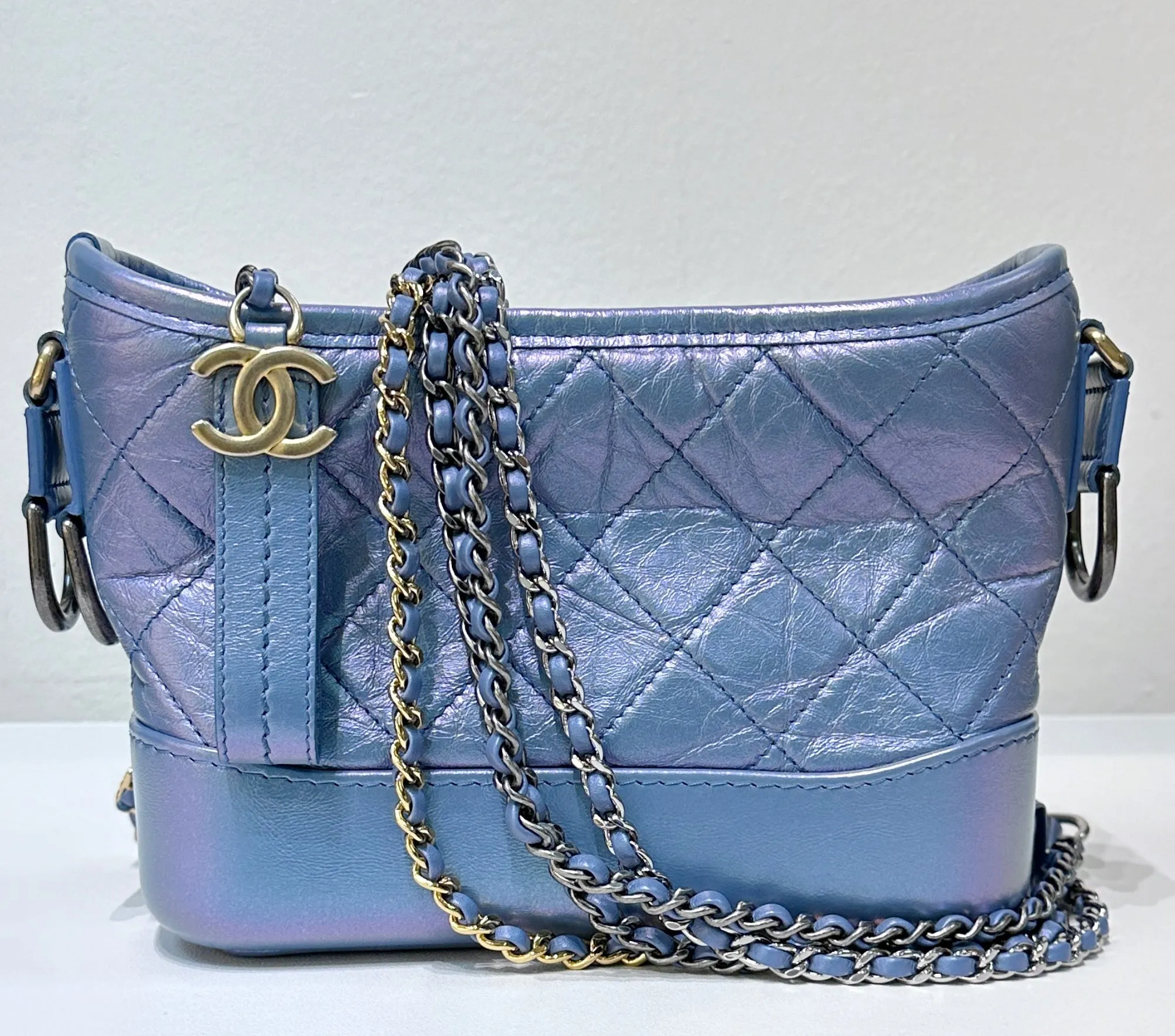 CHANEL Iridescent Aged Calfskin Quilted Small Gabrielle Hobo Blue