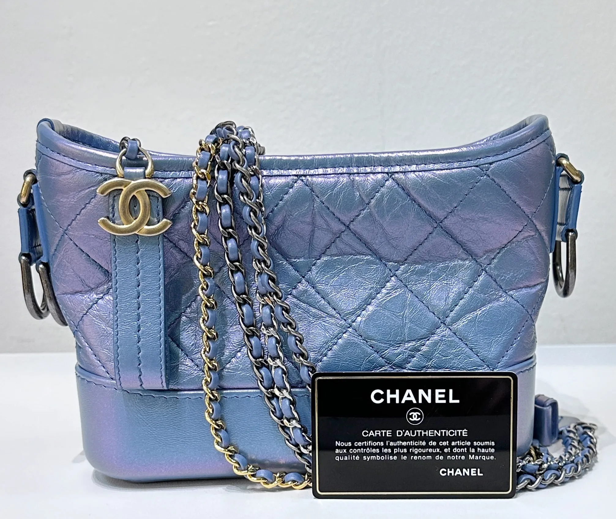 CHANEL Iridescent Aged Calfskin Quilted Small Gabrielle Hobo Blue