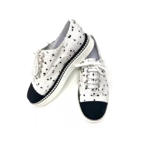 Chanel Sneakers Black White Tweed Crystal Pearl Trim Lace Up