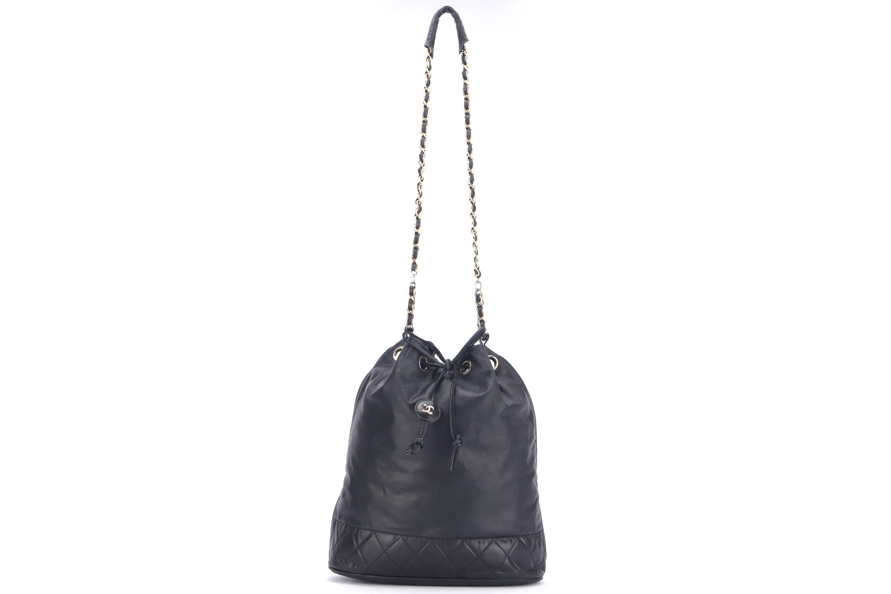 CHANEL VINTAGE BLACK LAMBSKIN BUCKET BAG, GOLD HARDWARE, WITH COIN POUCH, NO HOLOGRAM, CARD & DUST COVER