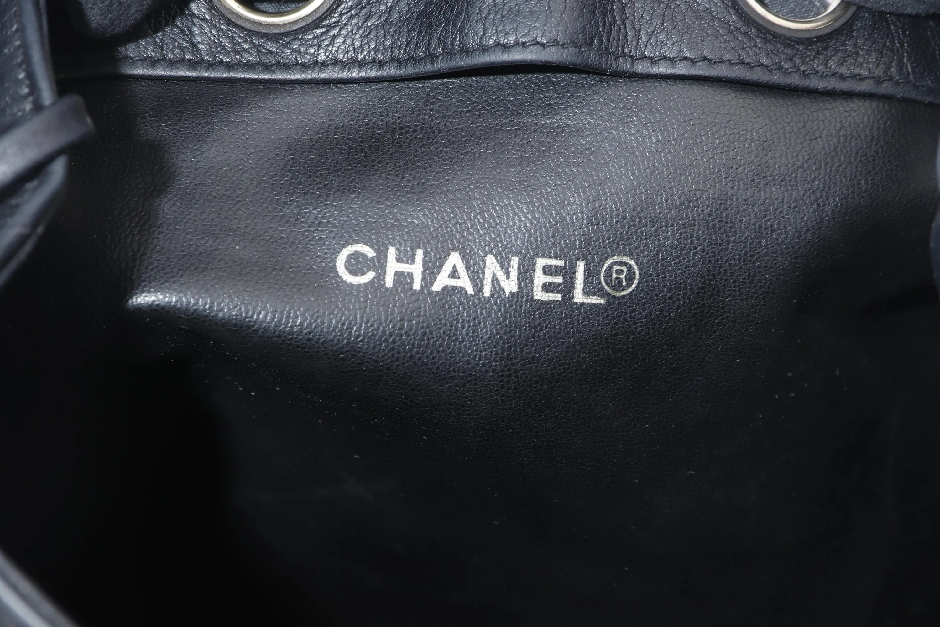 CHANEL VINTAGE BLACK LAMBSKIN BUCKET BAG, GOLD HARDWARE, WITH COIN POUCH, NO HOLOGRAM, CARD & DUST COVER